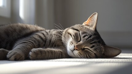 Domestic tabby cat sleeping peacefully on light beige carpet near window