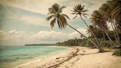 Obraz premium Vintage Tropical Beach Scene with Palm Trees and Sandy Shore