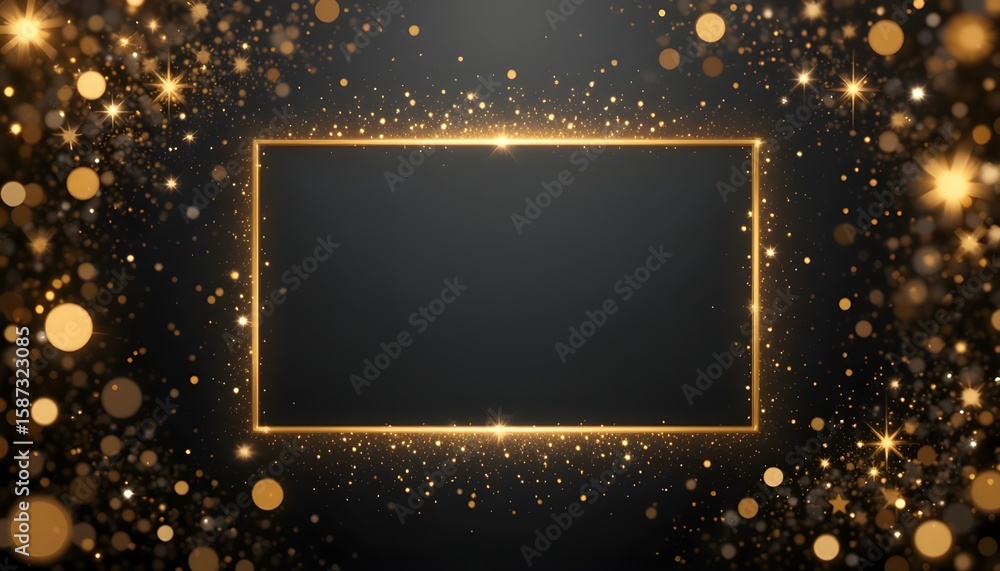 Poster golden rectangular frame surrounded by bokeh lights and sparkling stars on a dark background