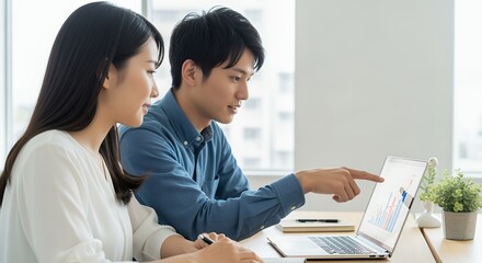 Obraz premium ラップトップでグラフを確認する男女