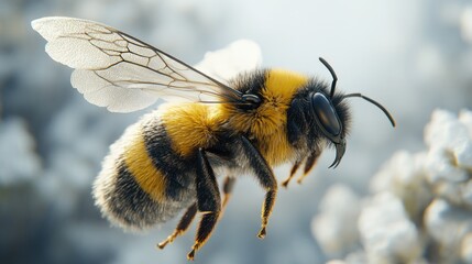 Honeybee in Flight Over Lavender Flowers