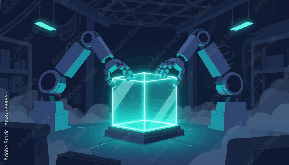 Poster two robotic arms carefully manipulating a glowing cube inside a futuristic laboratory setting