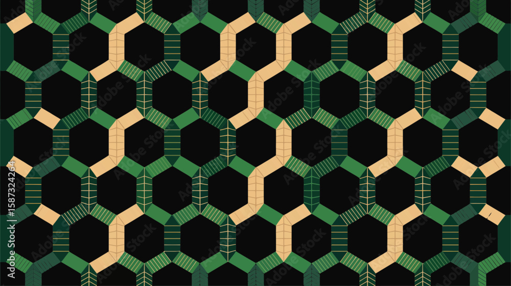 Poster abstract green and beige hexagonal geometric pattern with leaf details on black background