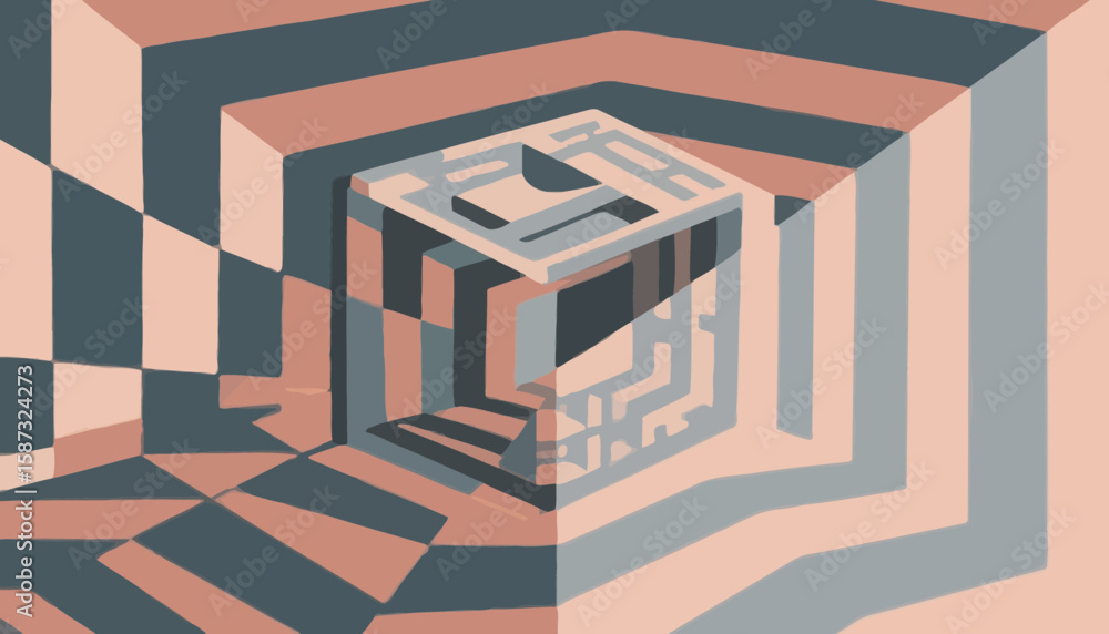 Poster abstract geometric illustration of an optical illusion with a maze-like cube structure