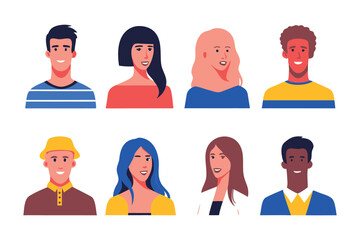 Diverse Portraits: Collection of eight diverse flat-style portraits, showcasing various ethnicities, hairstyles, and expressions. Ideal for representing inclusivity and diversity in various contexts.