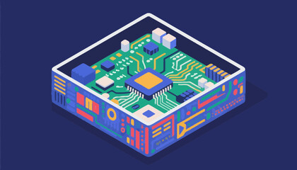 Isometric illustration of a detailed circuit board with electronic components inside a box