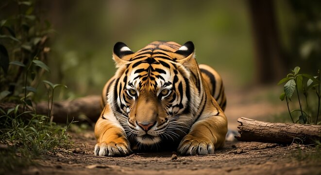 A majestic tiger is seen resting and staring directly at the viewer in a forest setting.