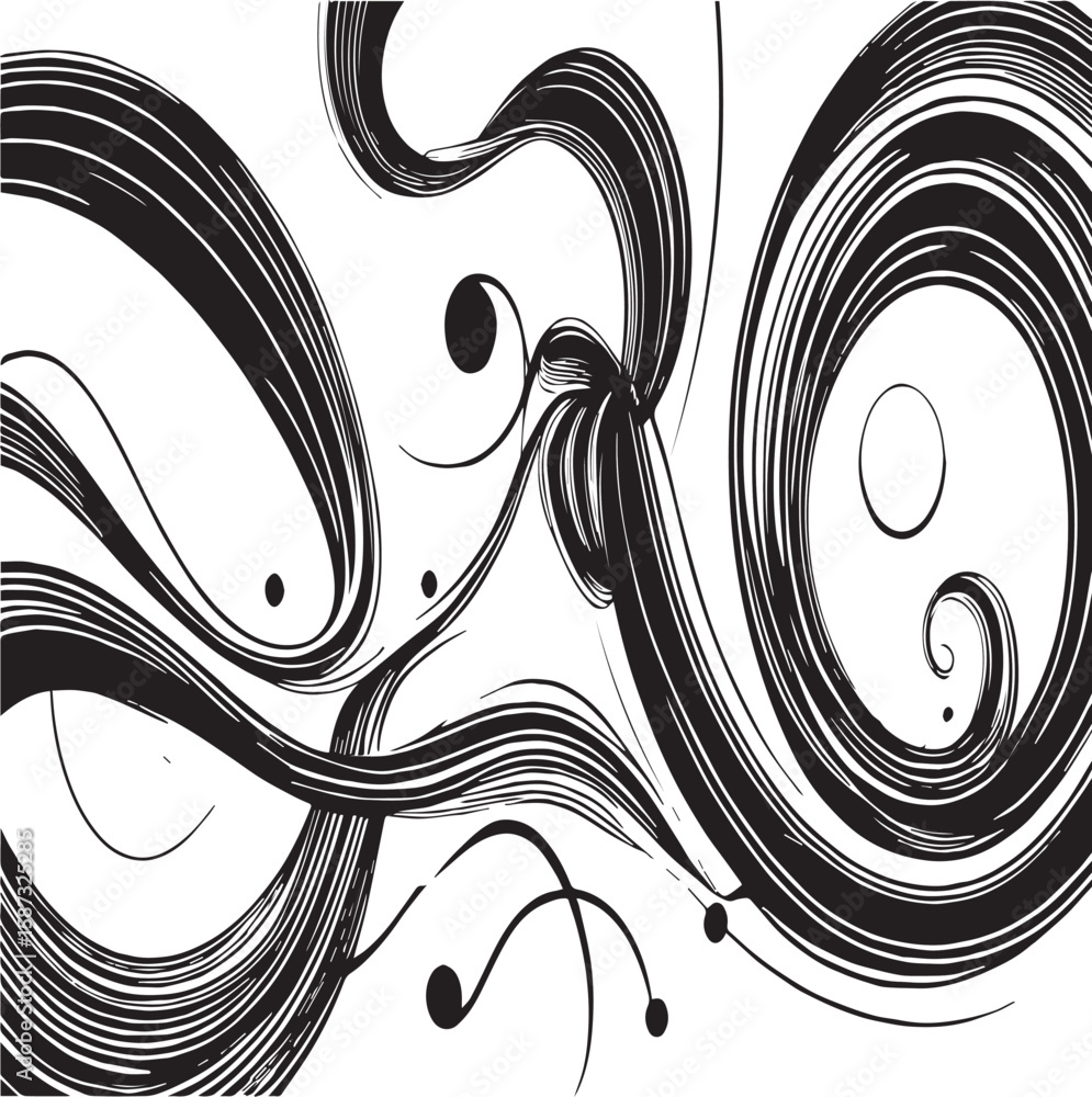 Poster abstract black and white design with swirling lines and circles on a light gradient background