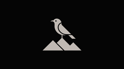 Minimalist illustration of a bird perched on mountain peaks against a black background