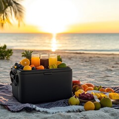 Beach picnic featuring a cooler filled with fresh fruit and juice, set against a beautiful sunset over the ocean, perfect for a refreshing and healthy outdoor experience.