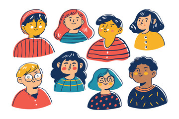 Diverse Group Portraits: A vibrant display of various stylized illustrations of individuals, each showcasing unique expressions, clothing, and hairstyles, symbolizing unity in diversity.