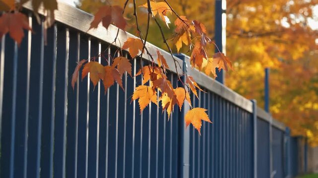 Autumn leaves against a blue fence create a beautiful contrast in a serene and peaceful outdoor setting.