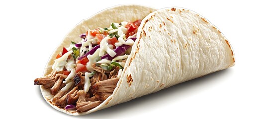 A soft taco with pulled pork and coleslaw 