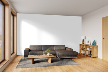 Contemporary living room with wooden bookshelf and decorative lamp – Transparent Wall Mockup with Realistic Shadows – 3D render	
