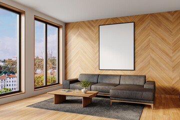 Living Room with Large Framed Poster and City View Window - Left Side Perspective