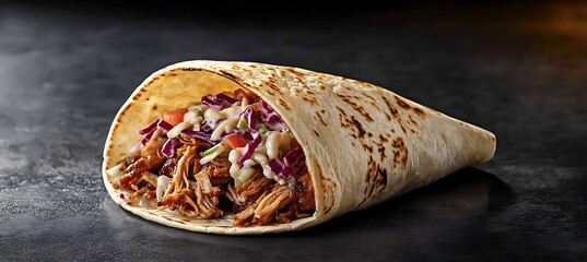 A soft taco with pulled pork and coleslaw 