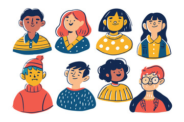 Diverse Portrait Collection: Captivating stylized illustrations showcasing a group of individuals, each with their own unique appearance and expressions.