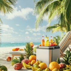 Beachside refreshment featuring a portable fridge, tropical fruits, and chilled drinks, evoking a vacation vibe with palm trees and ocean views, perfect for summer relaxation.