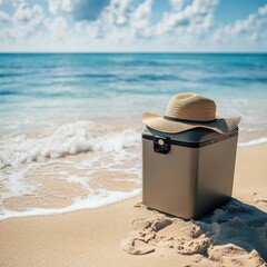 Beach cooler with a straw hat on a sunny day, perfect for summer vacation vibes, showcasing relaxation and outdoor leisure by the ocean with blue sky and soft waves.