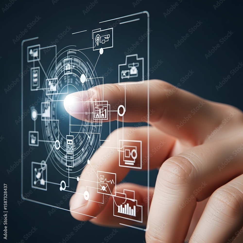 Poster fingertip interacting with futuristic interface displaying data connections