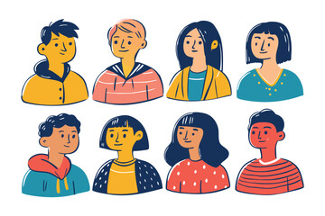 Diverse Portraits: A collection of eight unique hand-drawn illustrations of diverse individuals, showcasing a variety of hairstyles, clothing styles, and expressions.