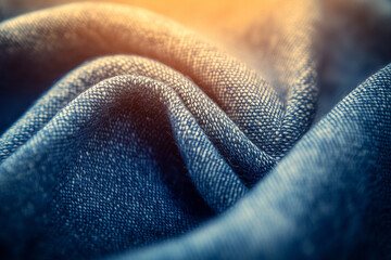 Close-up of folded denim fabric showcasing texture and warm light tones