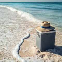 Beach cooler with a straw hat offers a refreshing summer vibe, perfect for picnics, vacations, and outdoor adventures by the sea with turquoise water and gentle waves.