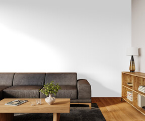 Close-up of bookshelf and sofa in modern living room – Transparent Wall Mockup with Realistic Shadows – 3D render	
