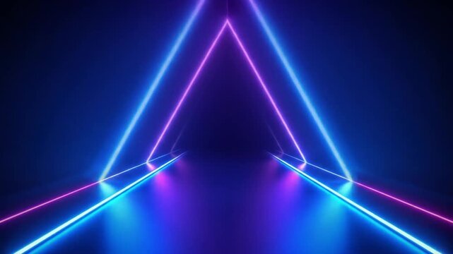 Abstract neon tunnel featuring glowing triangular shapes in ultraviolet tones, reflected on a mirrored floor, ideal for music visuals, VJ loops, or futuristic designs