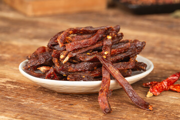Beef strips, finely chopped beef jerky