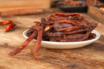 Beef strips, finely chopped beef jerky