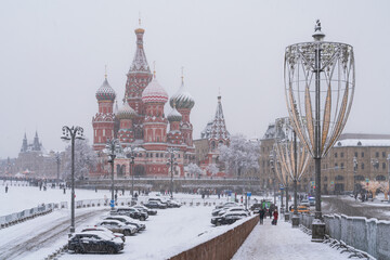 View of St. Basil's Cathedral, GUM shopping and entertainment center on Red Square from Bolshoy...