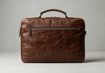 Brown leather briefcase with handle and zipper