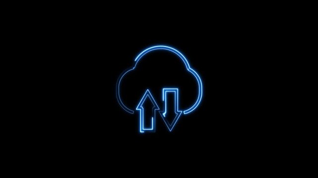 Upload icon symbol, cloud icon and neon line upload arrow icon animation on black background.