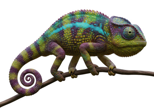 Detailed chameleon with vibrant colors perched on a branch isolated on transparent background