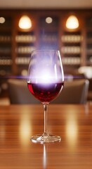 Glowing Wine Glass with Cosmic Light, Restaurant Setting, Elegant Still Life.