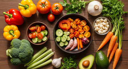 Colorful Assortment of Fresh Vegetables and Fruits on Wooden Table – Healthy Vegetarian Food for World Vegetarian Day