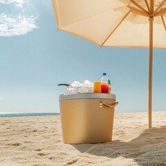 Beach day refreshment featuring a cooler filled with ice and drinks under a sun umbrella, perfect for summer vacation vibes and outdoor leisure, set against a sandy beach and ocean view.