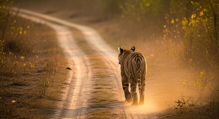 A tiger walks away down a dusty path in a forest, viewed from behind.