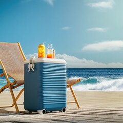 A blue cooler sits on a wooden deck next to a beach chair, with refreshing drinks on top, evoking a summer vacation vibe and relaxation by the ocean.