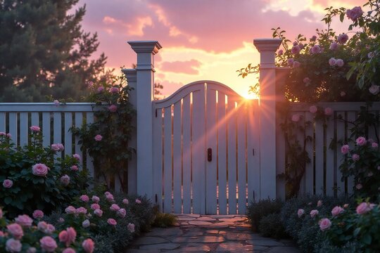 Sunlight streams through a white gate adorned with roses at twilight, creating a serene ambiance