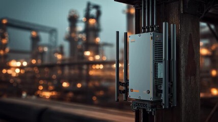 Private lte network equipment is installed on a wooden pole, providing secure and reliable wireless communication within an industrial plant, enhancing operational efficiency and safety - Powered by Adobe