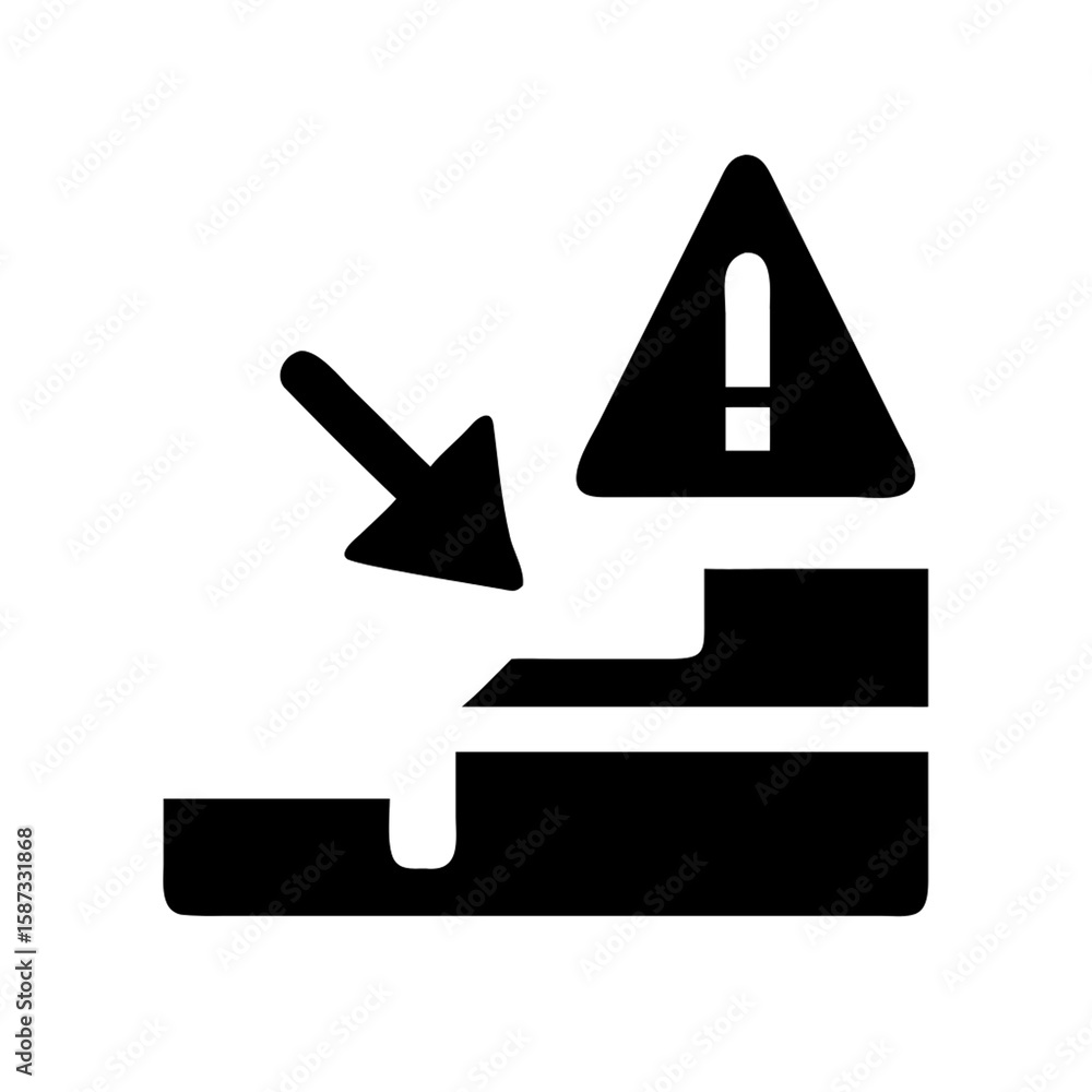 Poster warning sign with an arrow pointing to steps isolated on transparent background