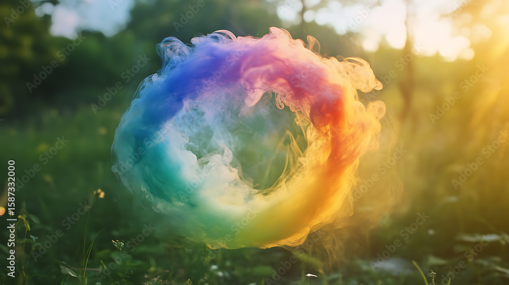 Poster a colorful smoke ring is floating in the air. the smoke is a mix of different colors, creating a vib
