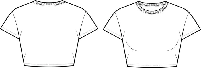 Flat sketch of women’s fitted crop t-shirt, short sleeves, technical fashion design, front and back view, template outline vector © Md Rofequl Islam