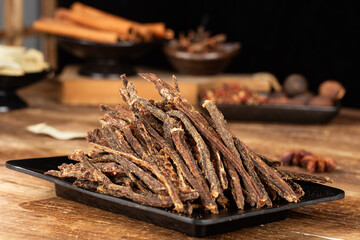 Beef strips, finely chopped beef jerky