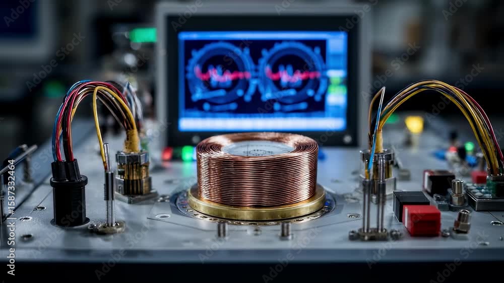 Poster copper coil and electronic components are connected to a computer analyzing quantum physics experime