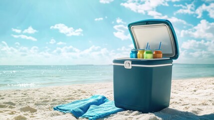 A cooler box filled with colorful drinks sits on a sandy beach next to a blue towel, offering a refreshing summer vibe with the ocean and sky in the background.