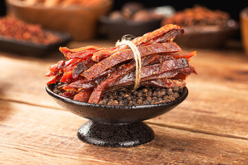 Beef strips, finely chopped beef jerky