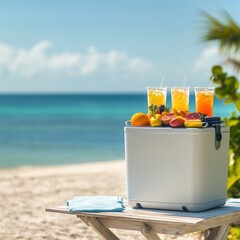 Refreshing summer drinks and fresh fruits are displayed on a cooler, set against a beautiful beach backdrop, perfect for a tropical vacation or a relaxing day by the sea.